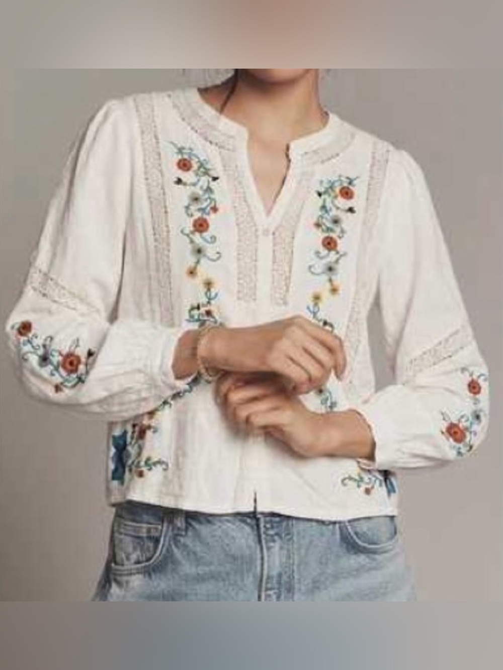 Jennifer & Grace Cream Floral Embroidered Cotton Boho Blouse - Size M